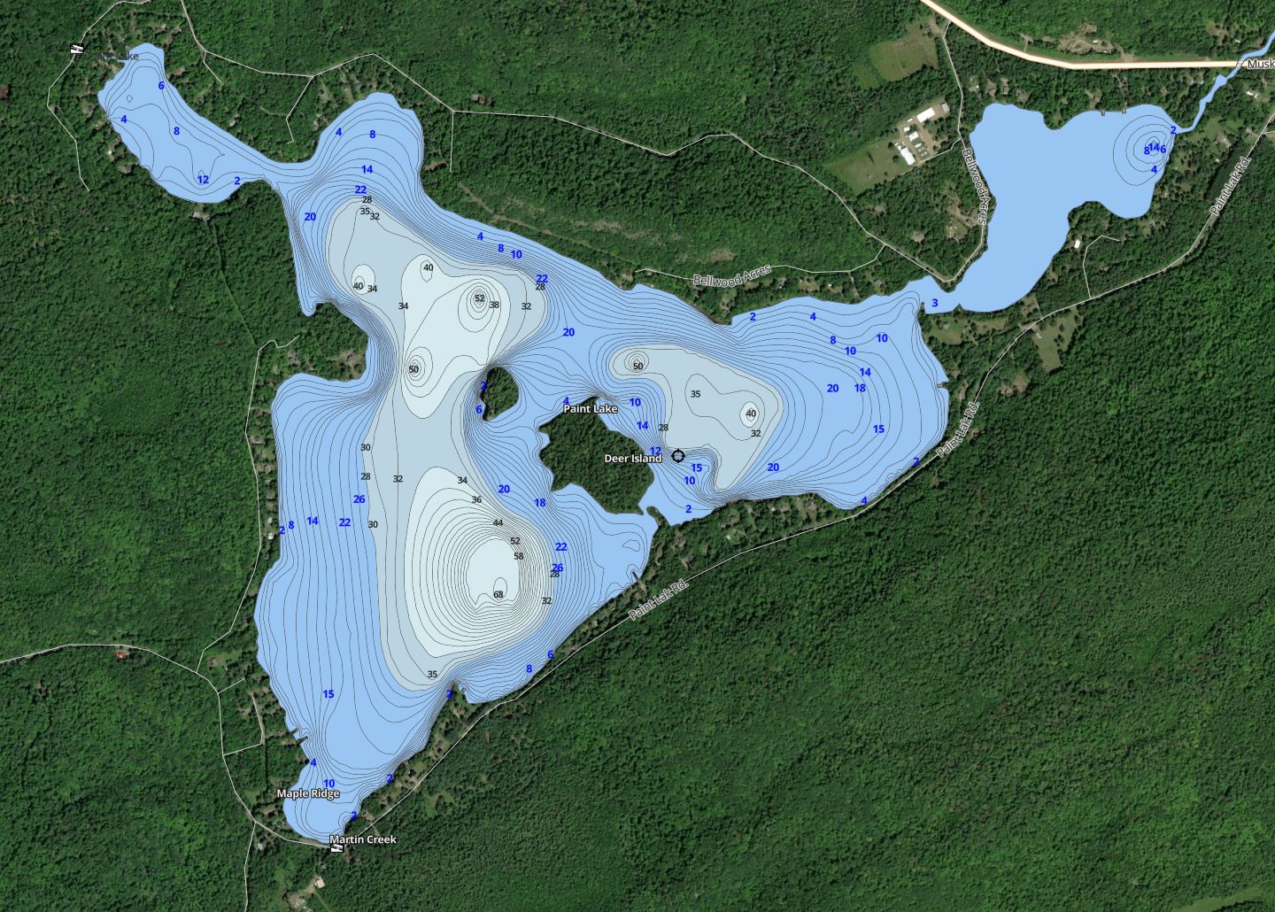 Contour Map of Paint Lake in Municipality of Lake of Bays and the District of Muskoka